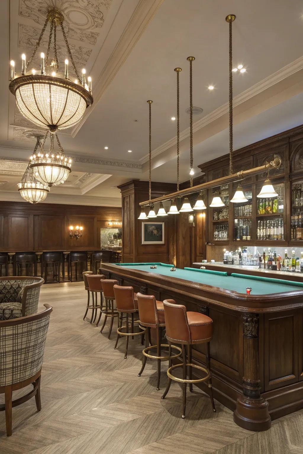 An elegant bar enhances the social dynamics of a billiards room.