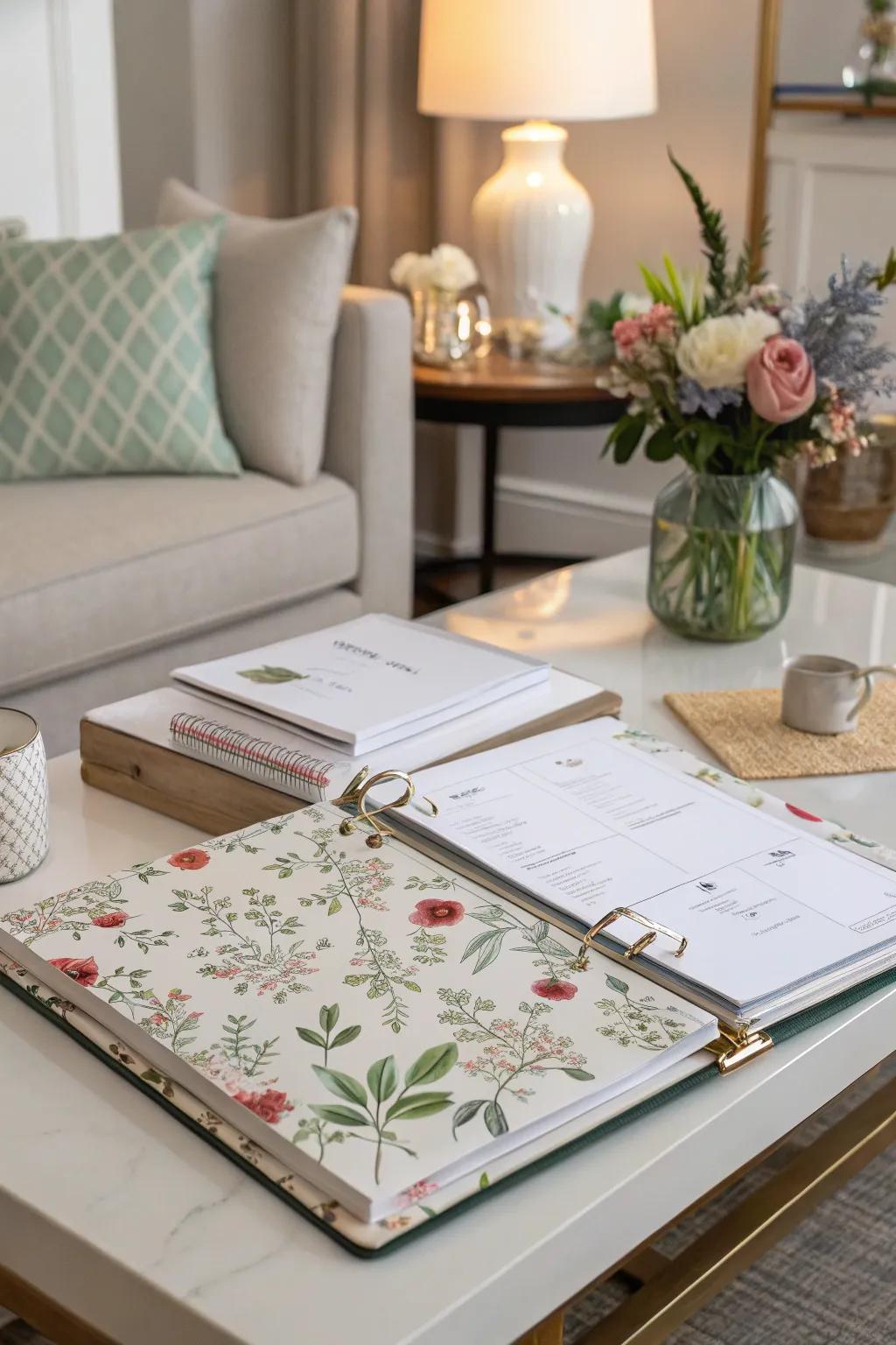 A binder sporting a personalized and artistic cover.