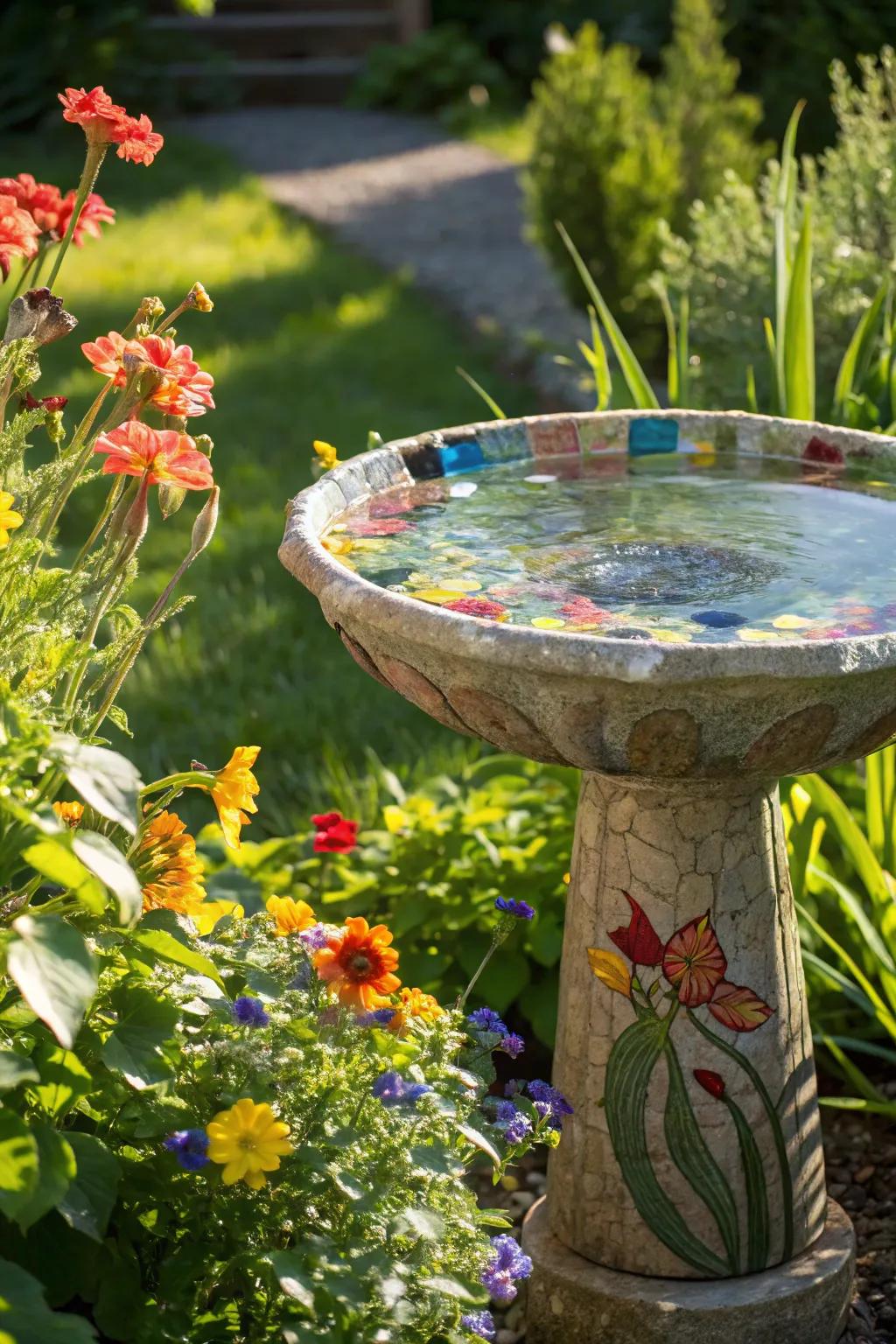 Recycled glass bird baths bring color and sustainability to your yard.