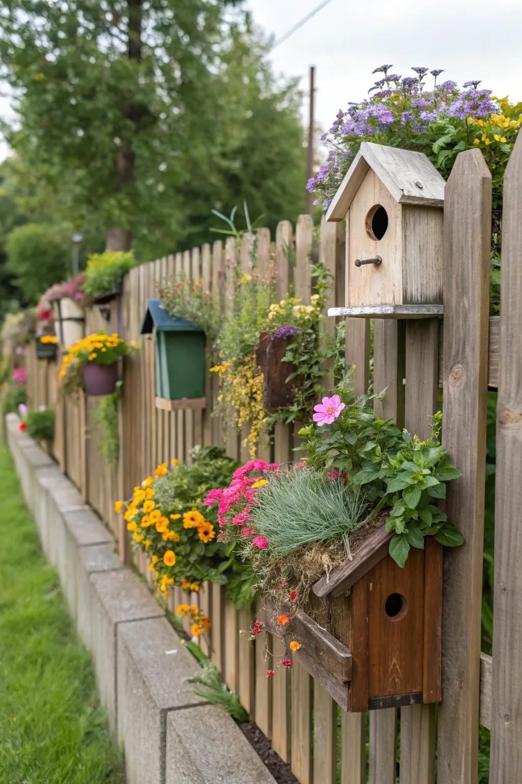 Bird dwellings fused with planters bring an explosion of life to the fence.