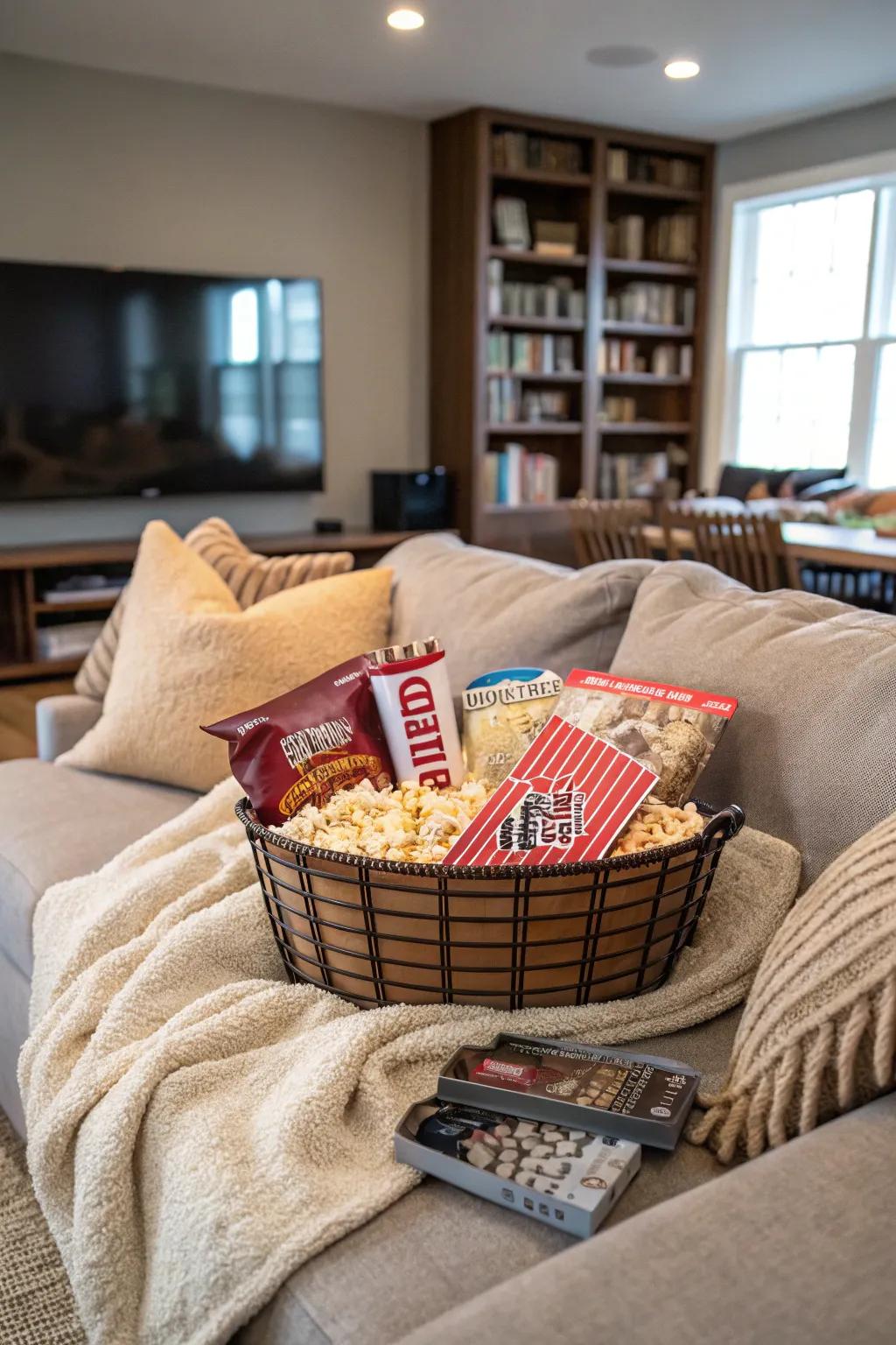 Create a cinematic experience at home with this movie night basket.