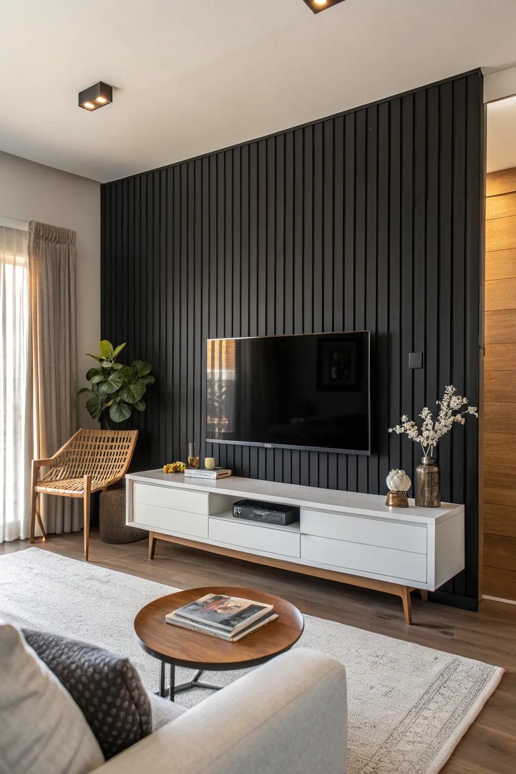 Dark timber slats enrich texture and warmth in a modern space.