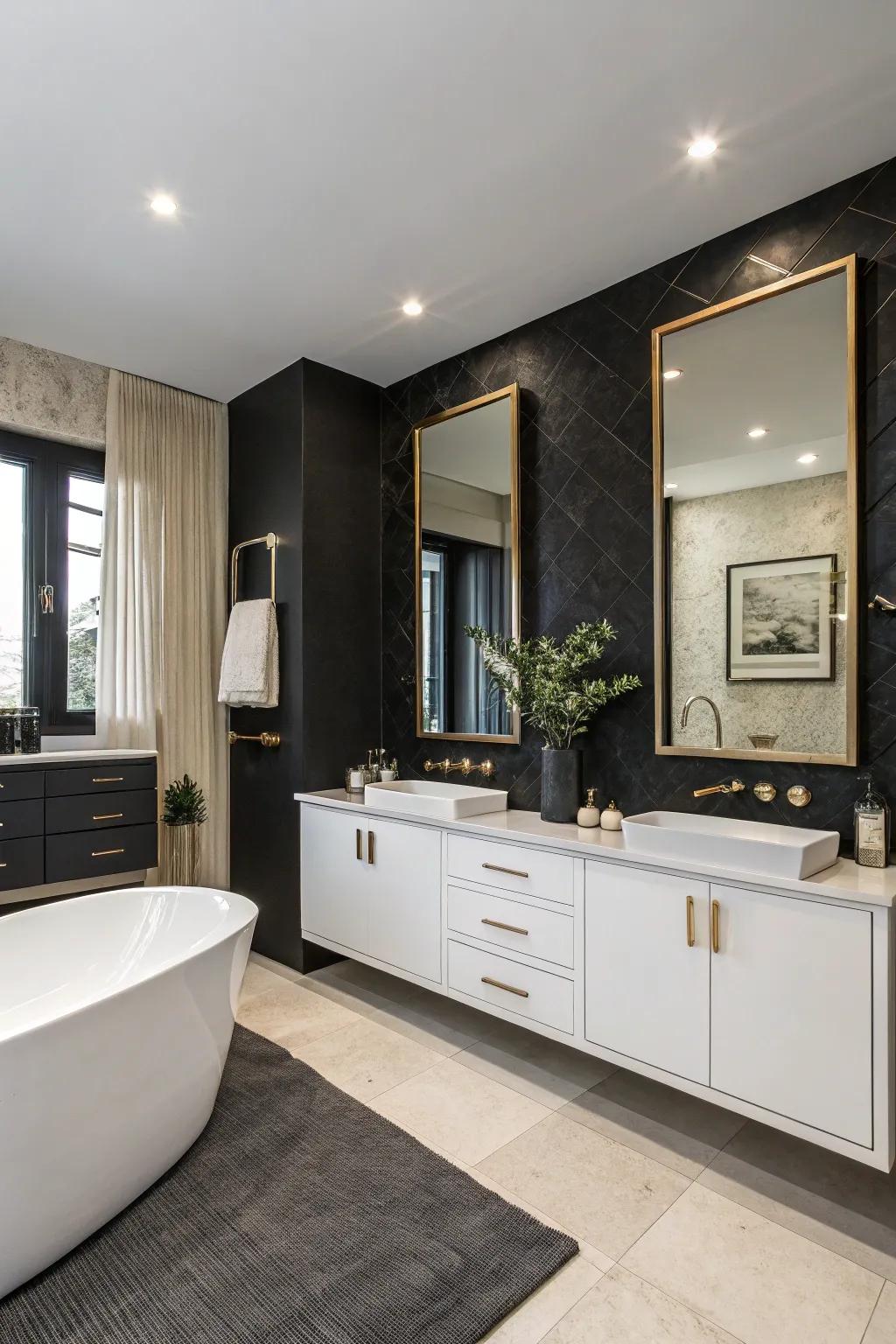 A chic bathroom with a black accent wall that enhances minimalist decor and large mirrors.