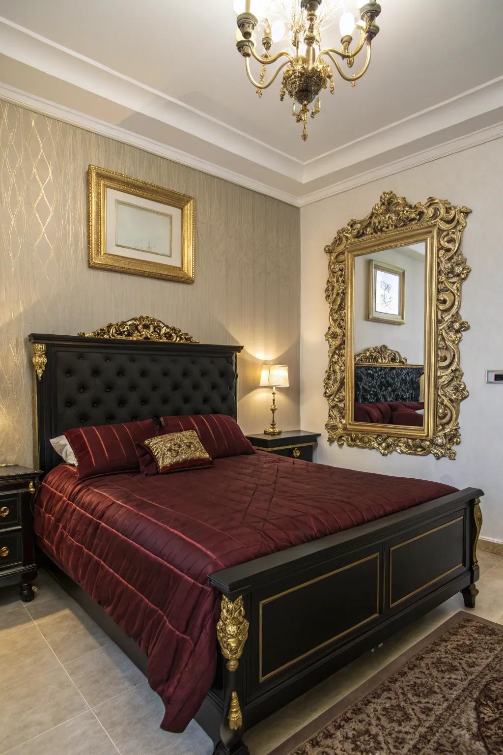 Metallic details inject a glamorous touch to your ebony and maroon bedroom.