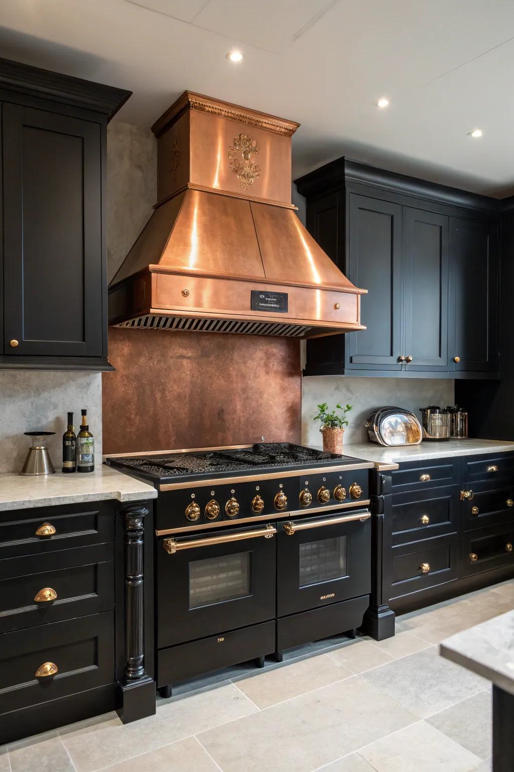 A copper cooker hood amplifies the luxurious sensation in a black kitchen.