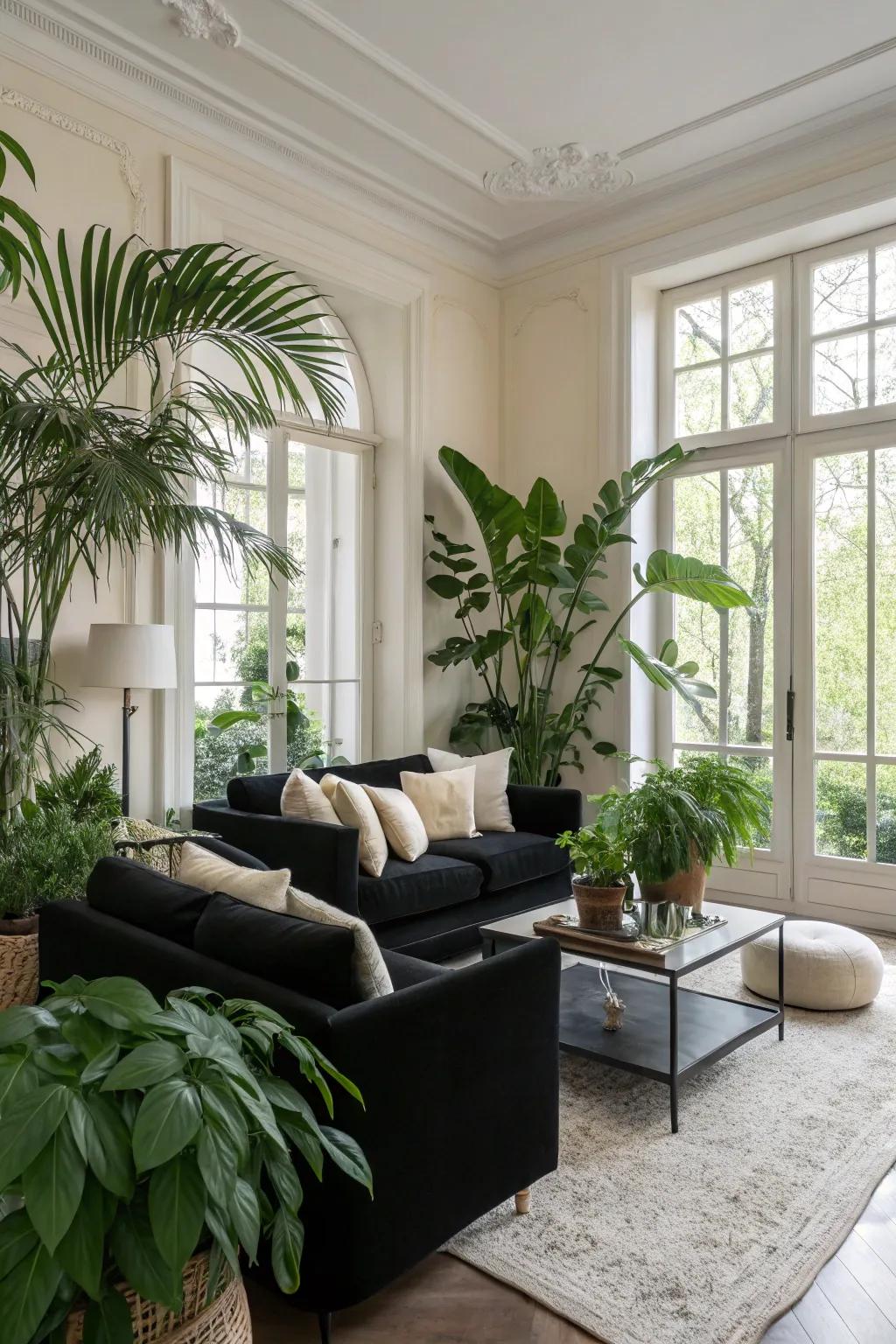 Green plants provide a refreshing contrast to the sophisticated ebony and ivory decor.