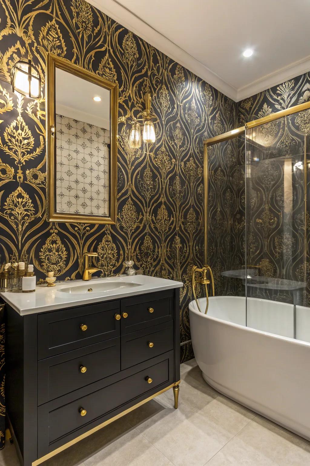 Ebony and gold wall decor forms a dramatic and trendy backdrop.