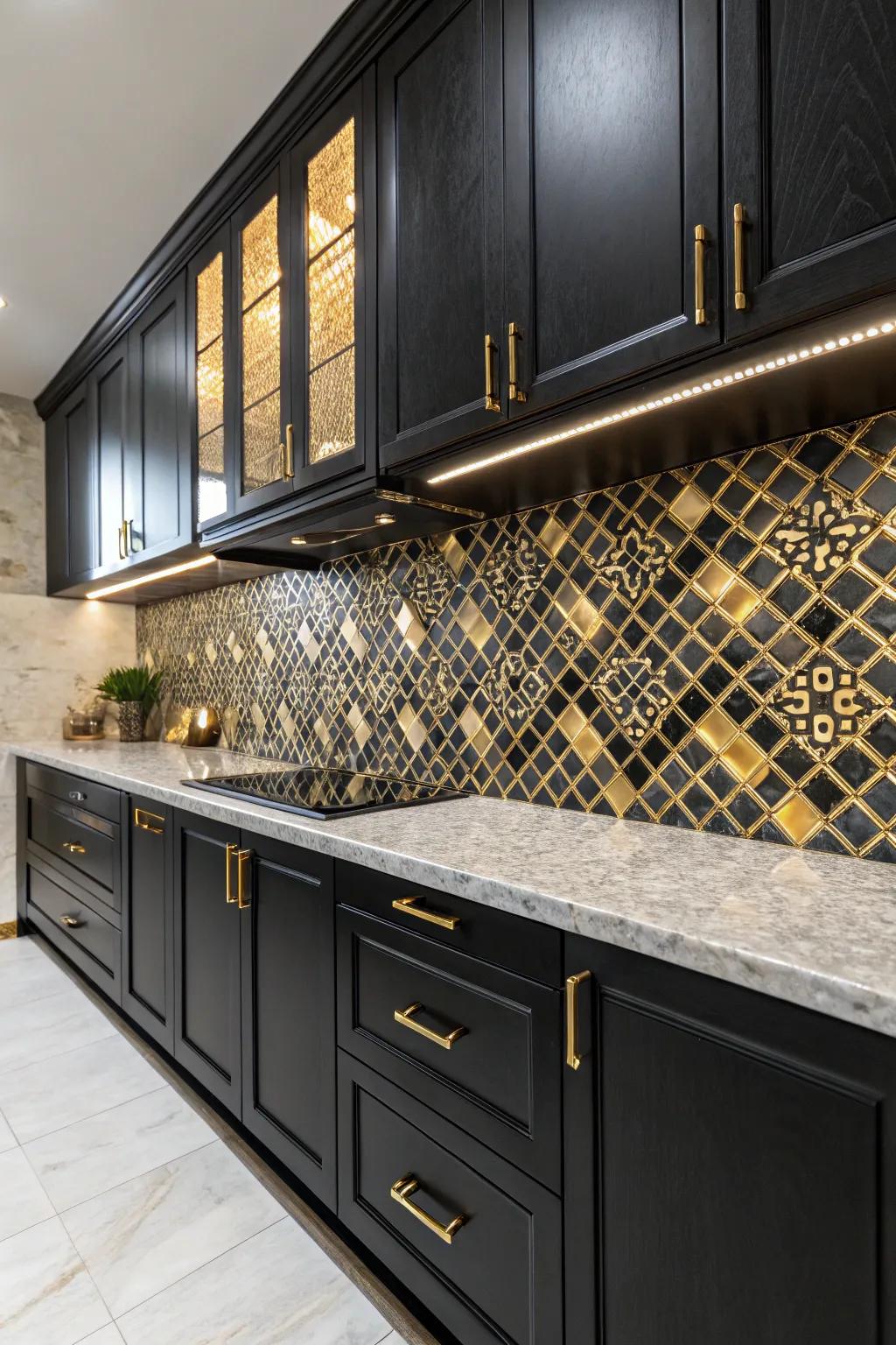 An ebony and gilded splashback makes a striking declaration.