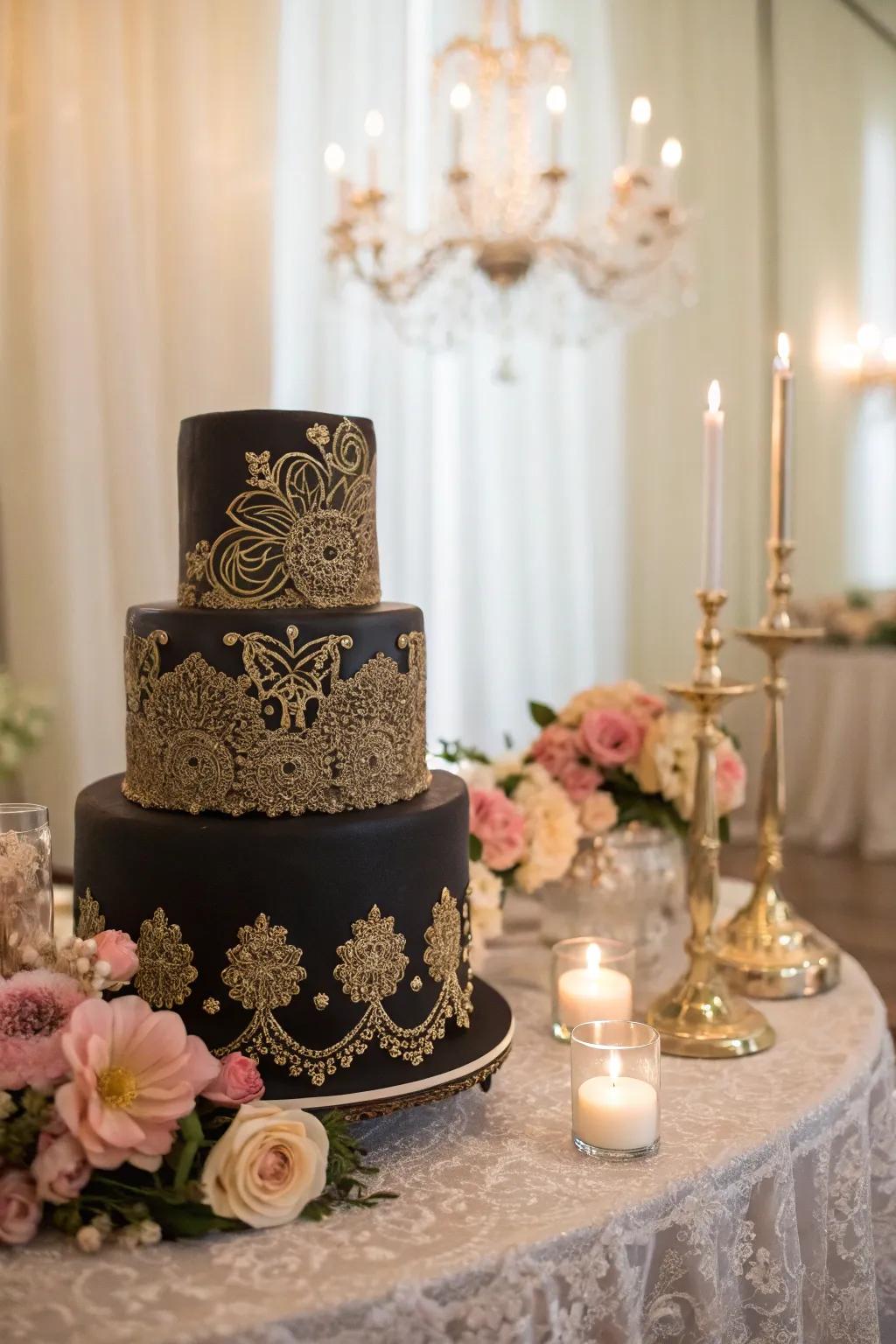 Intricate gold lace brings a romantic touch to this classic black cake.