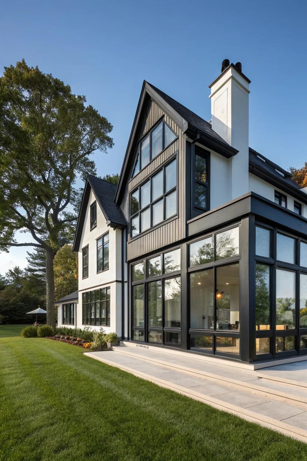 A contemporary house with sizeable windows and striking black finish.