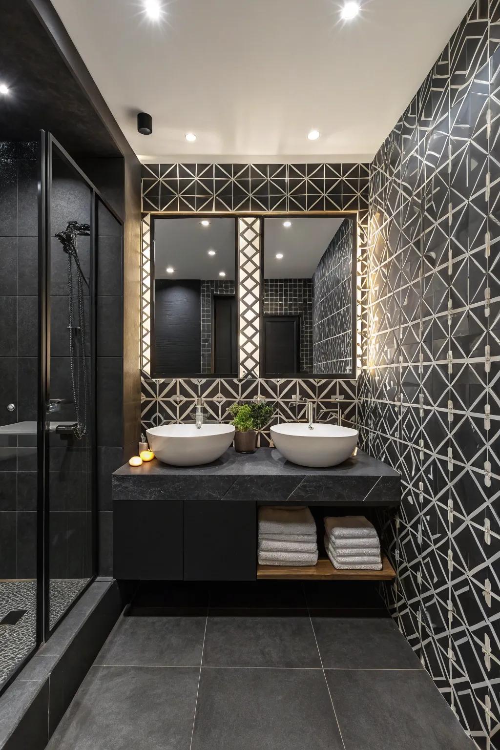 Geometrical patterns infuse a lively touch into a dark restroom.