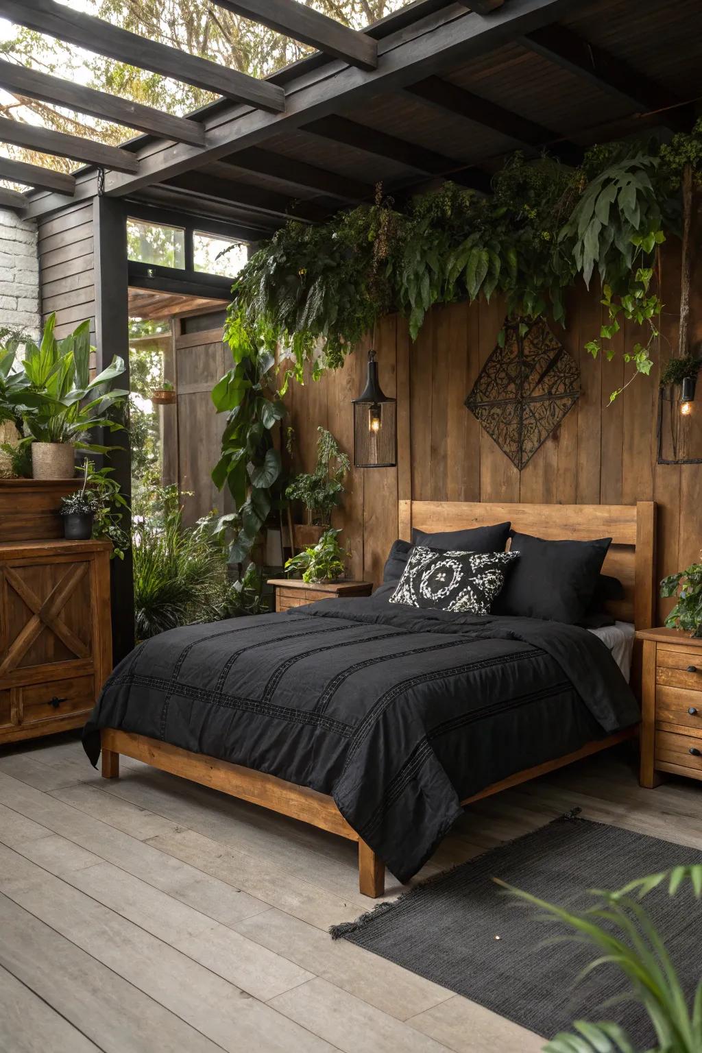 Combining black bedding with natural materials.