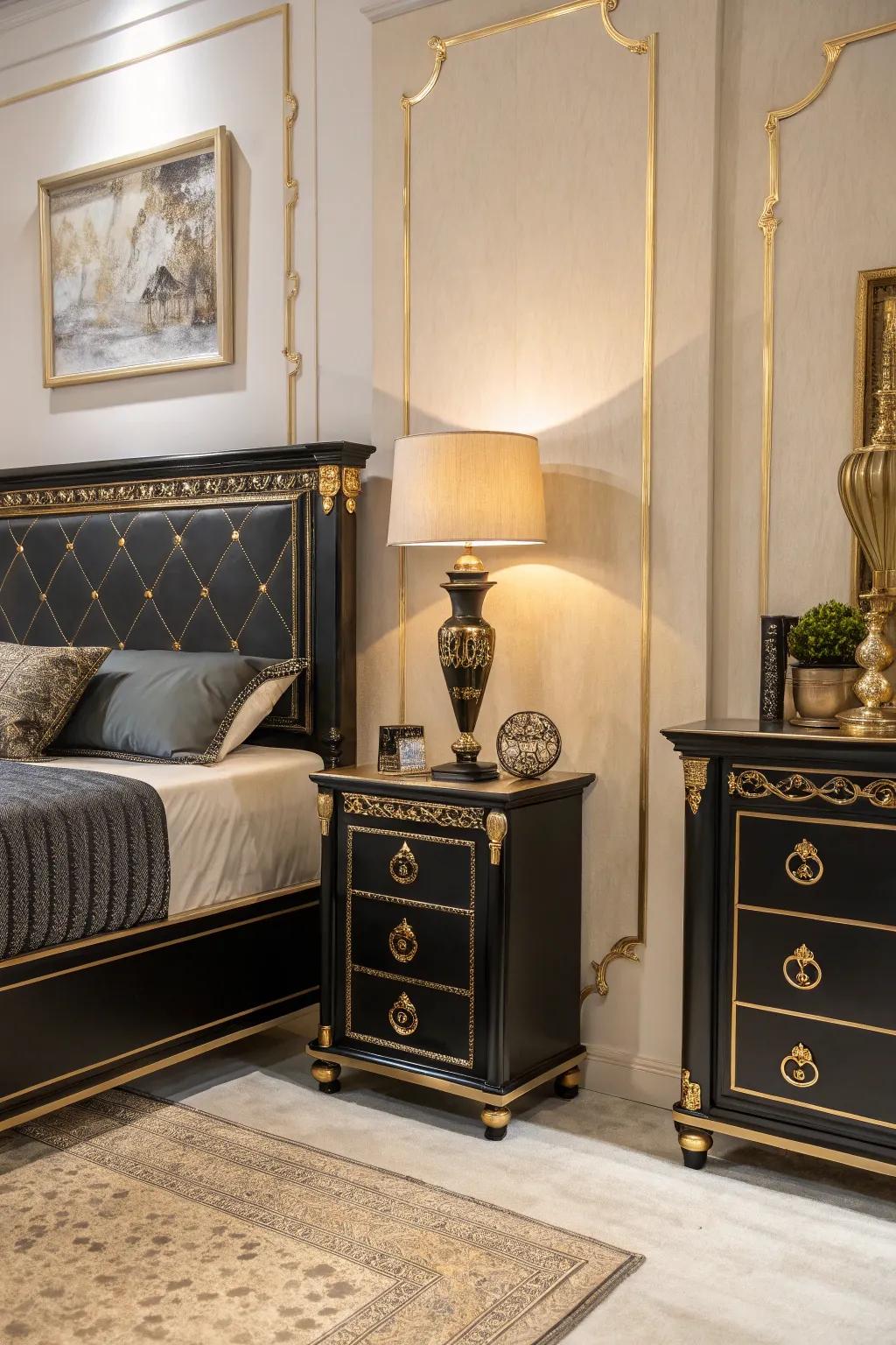 Glamorous gold accents complement the dark furnishings in this elegant bedroom.