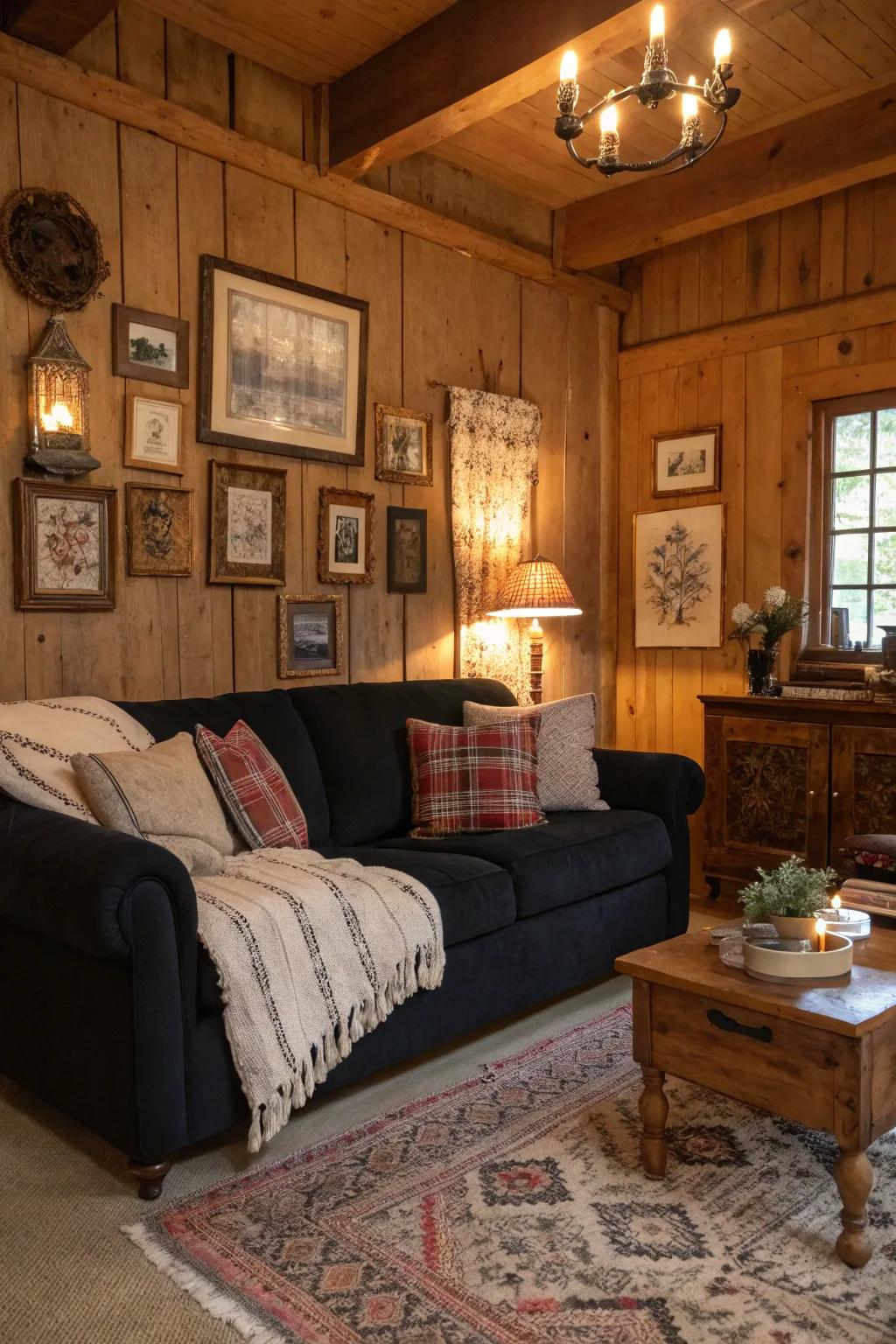Rustic charm with a modern dark-toned sofa.