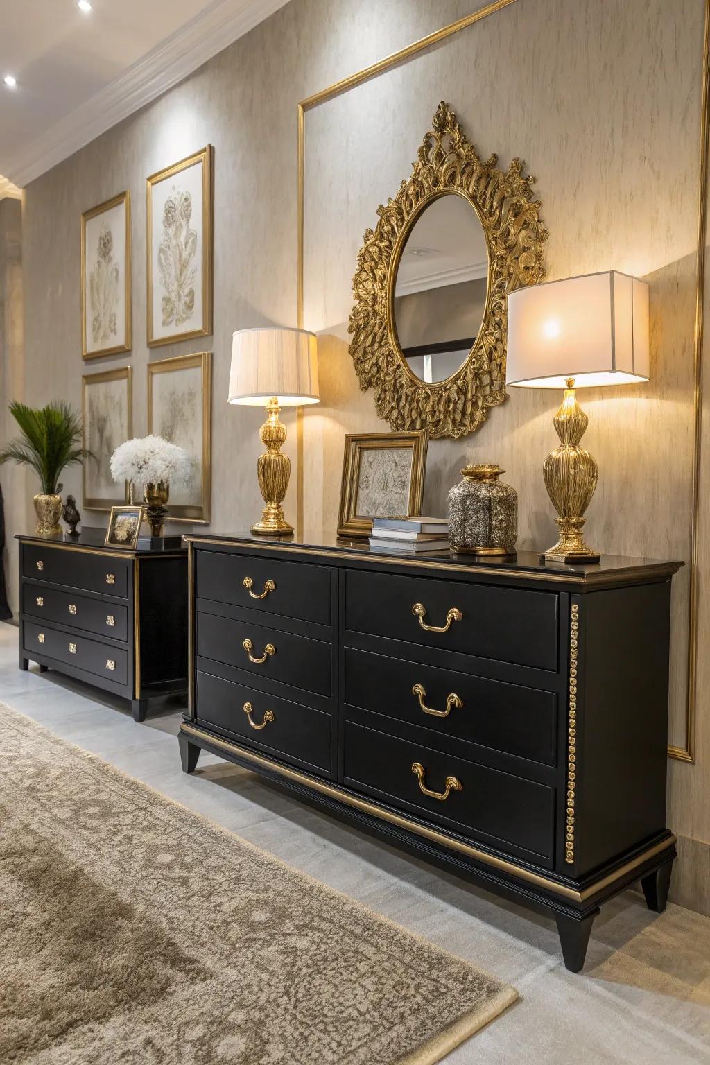 A glamorous black dresser setup with gold accents.