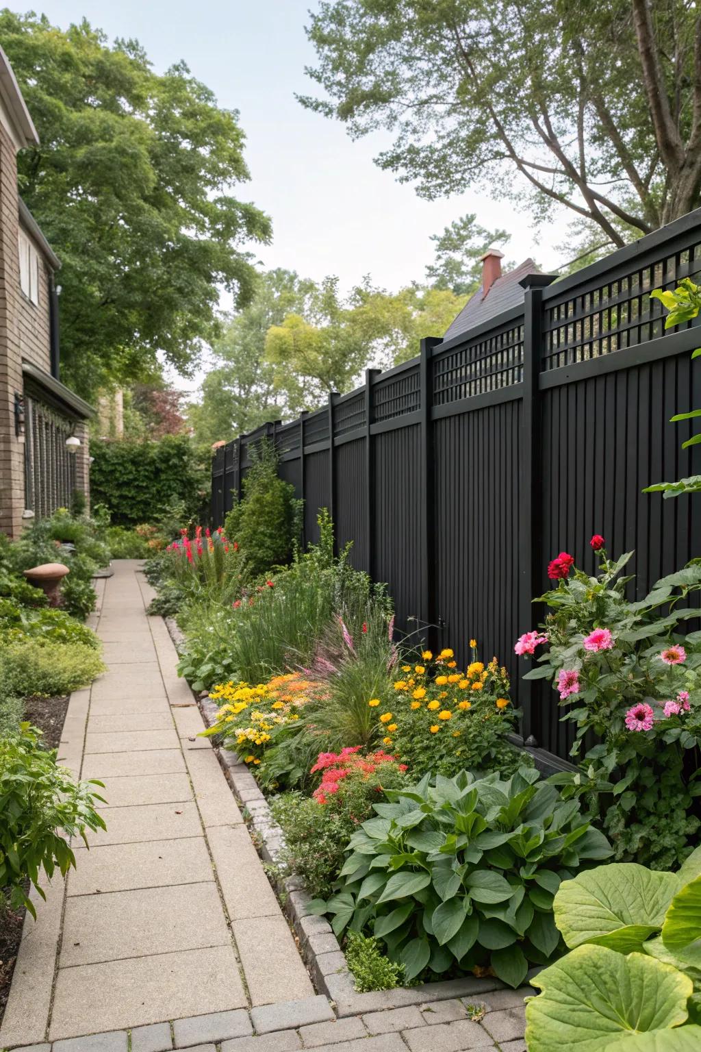 A tall black fence provides privacy and style in an urban garden.