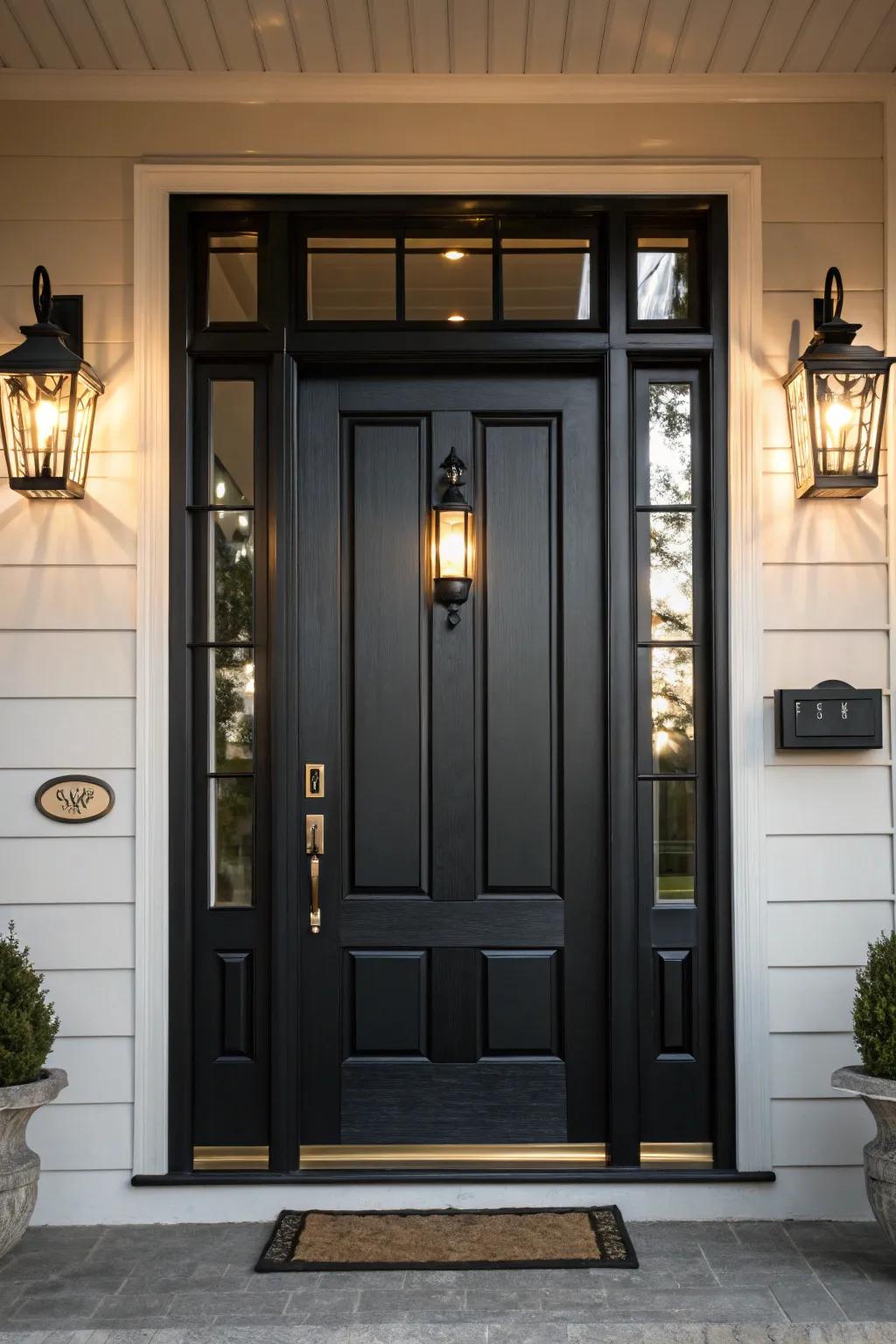 A dark-toned door dramatically illuminated by fashionable lighting devices.