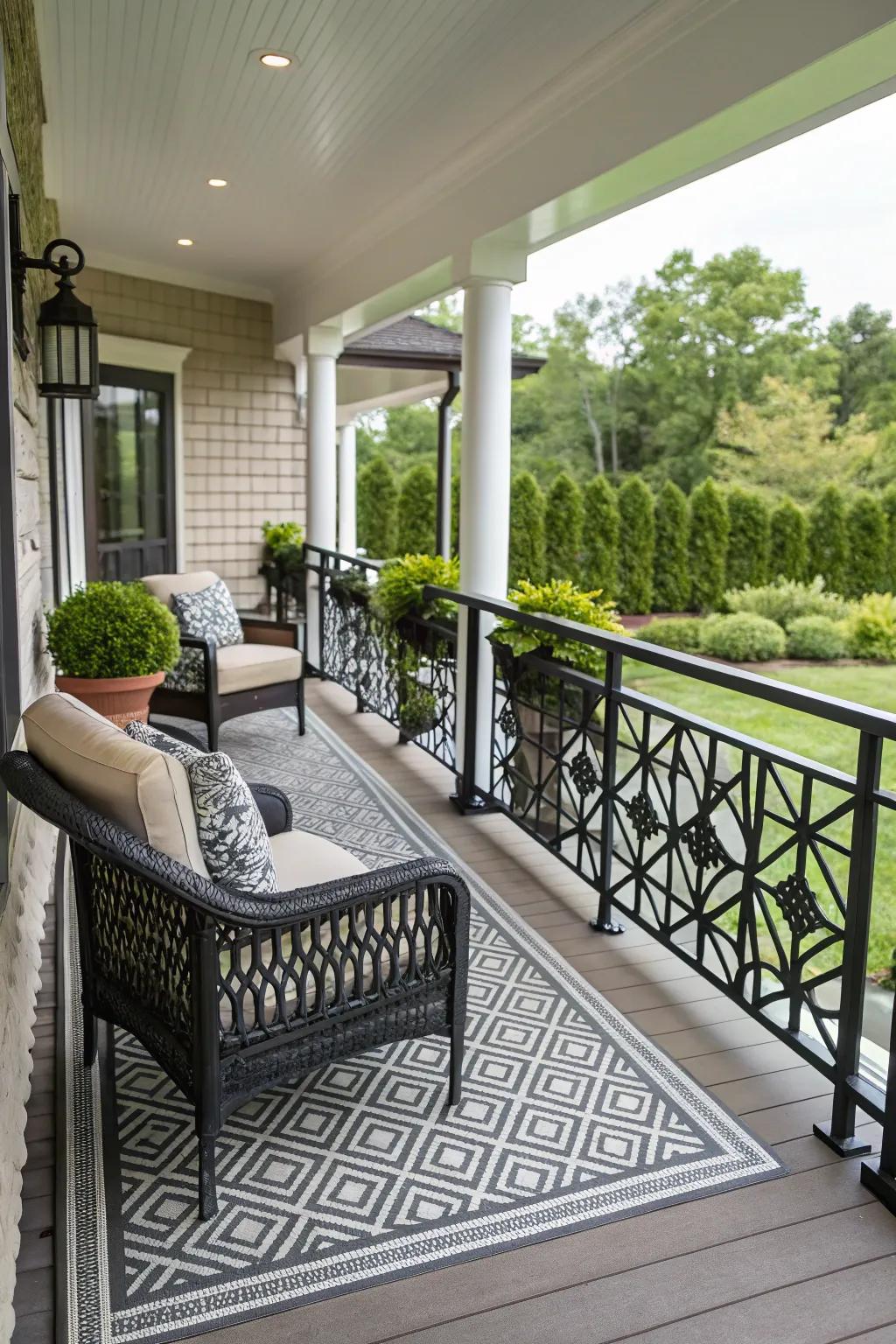 Geometric railings add artistic flair to any porch.