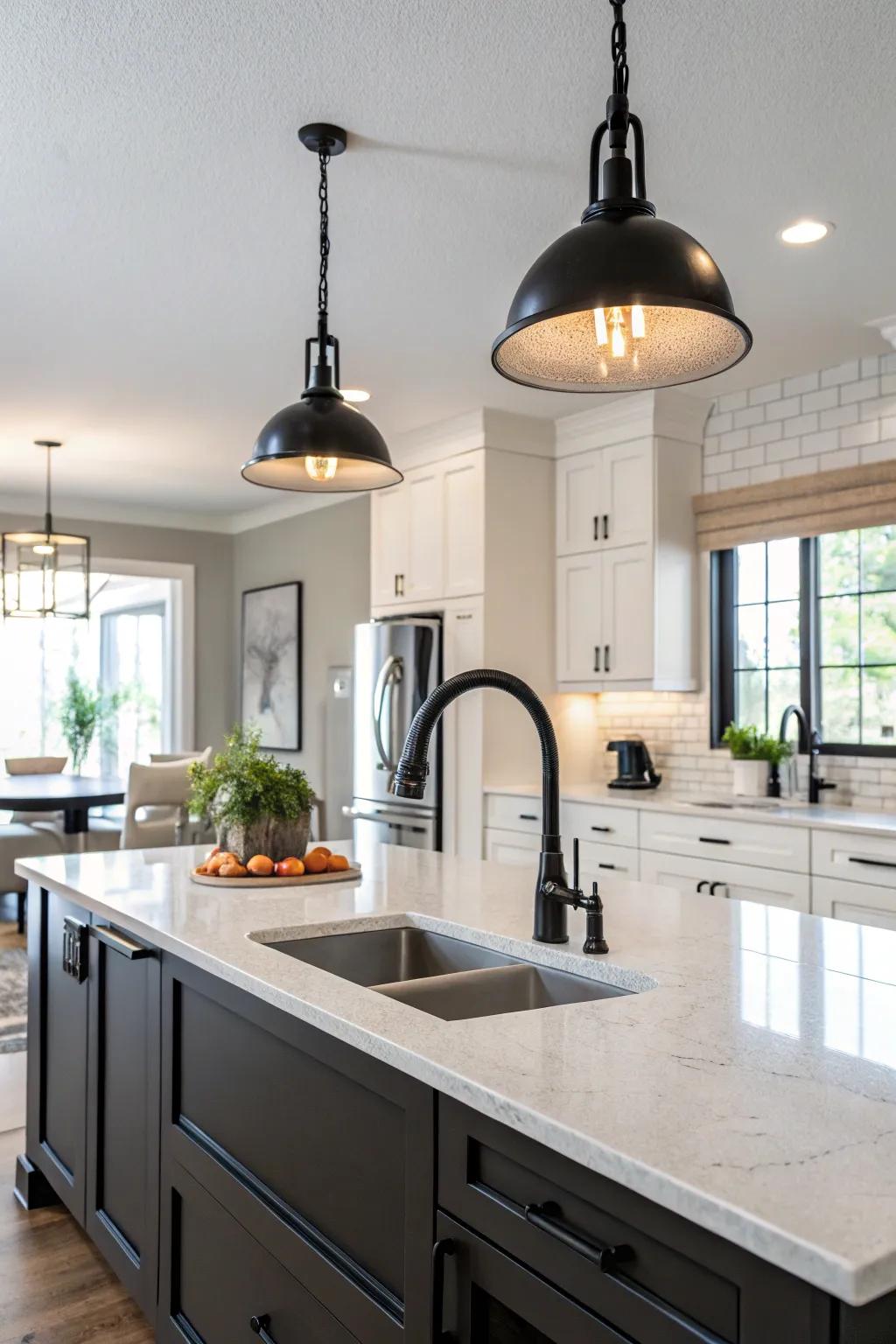 Eye-catching pendant lights coordinate beautifully with a sleek dark tap in this kitchen space.