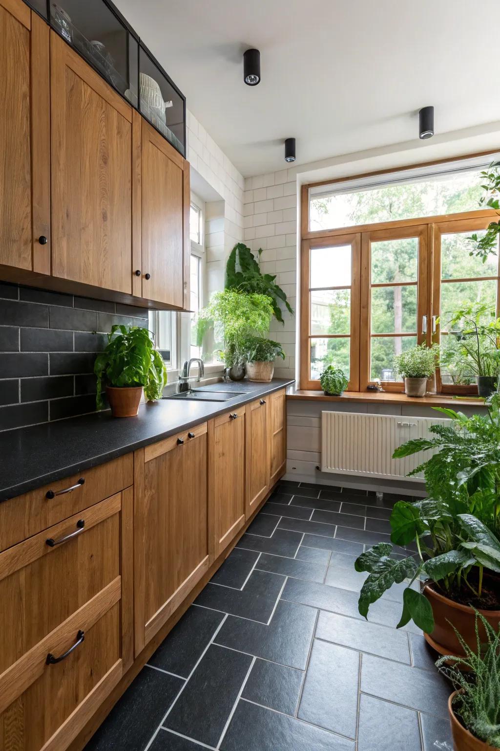 A kitchen that exquisitely balances ink floors with heated timber particulars.