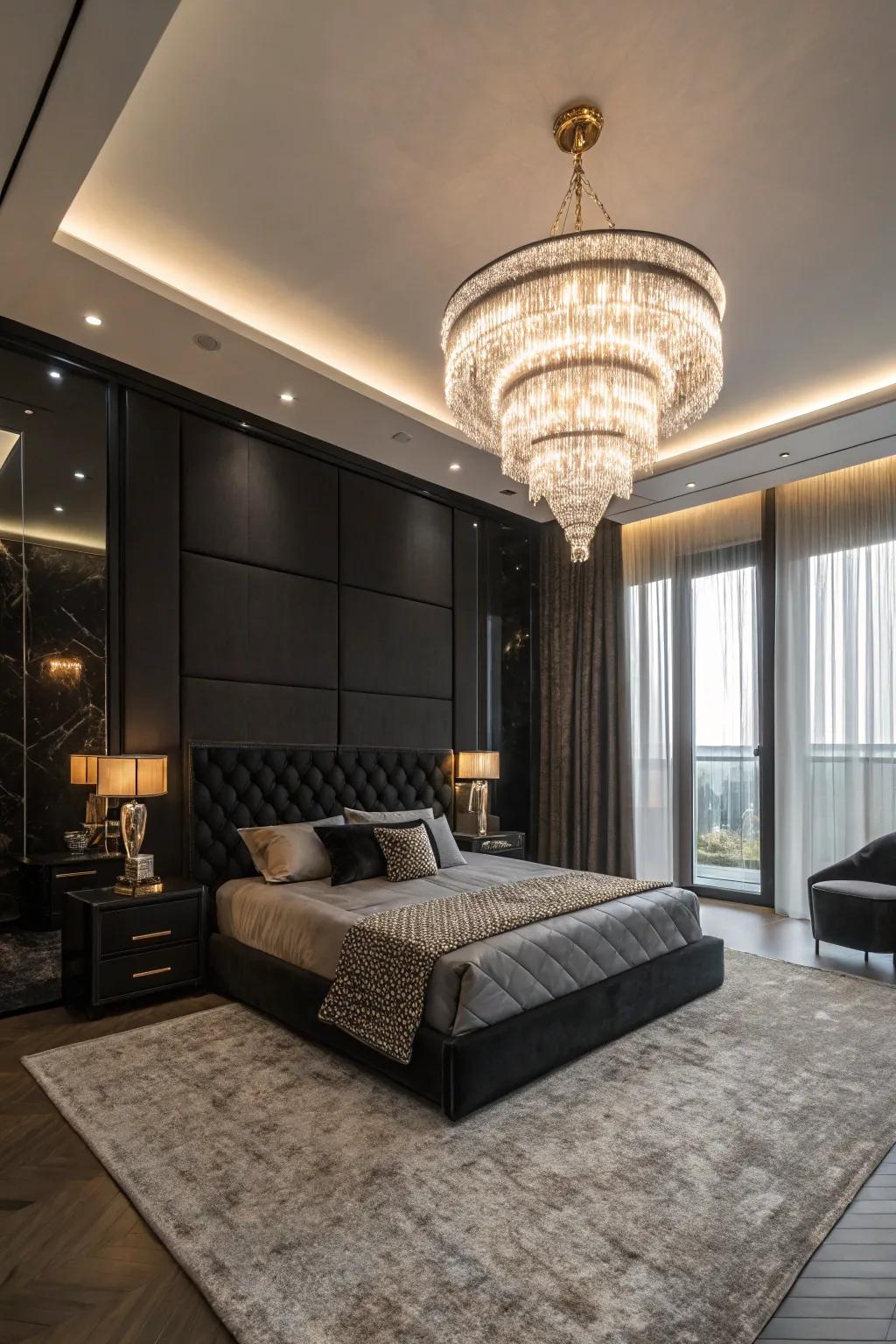 A statement chandelier can elevate your bedroom's beauty.
