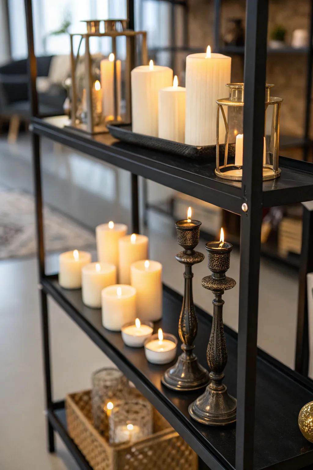 Illuminated candles of assorted heights casting a gentle glow on a dark shelf.