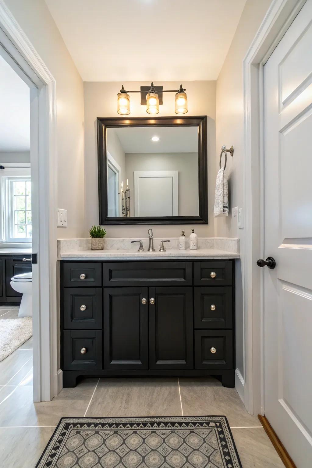 Bright floors are a great contrast to the boldness of a dark sink cabinet.