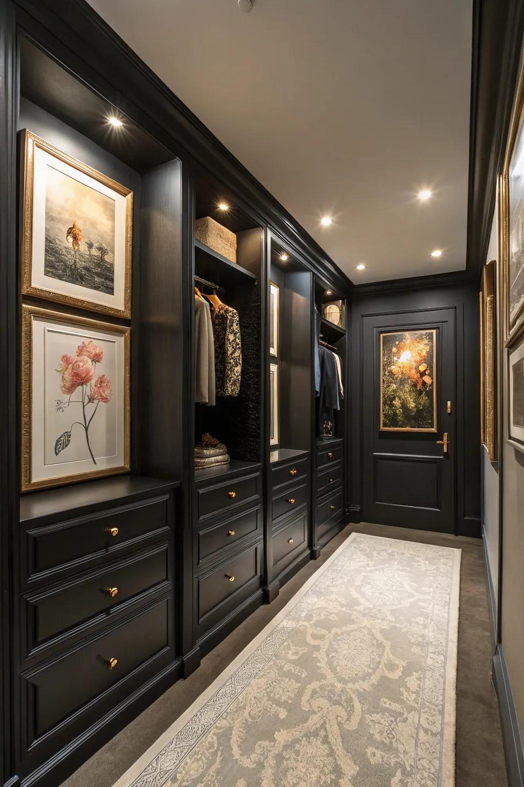 Art introduces a personal and sophisticated accent to this closet.