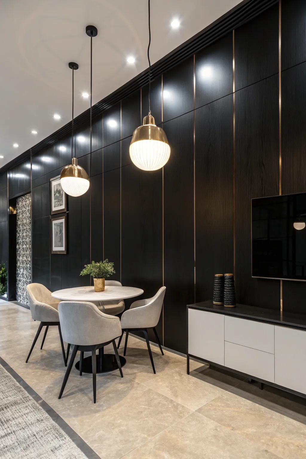 Hanging lights highlighting a shadowy wall.