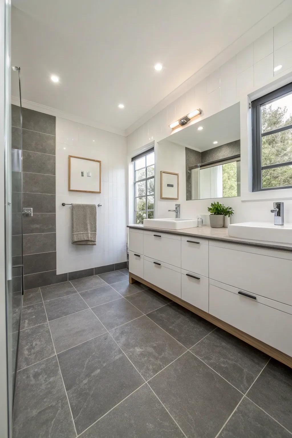 Neutral ground panels provide a sleek foundation for this contemporary bathroom.