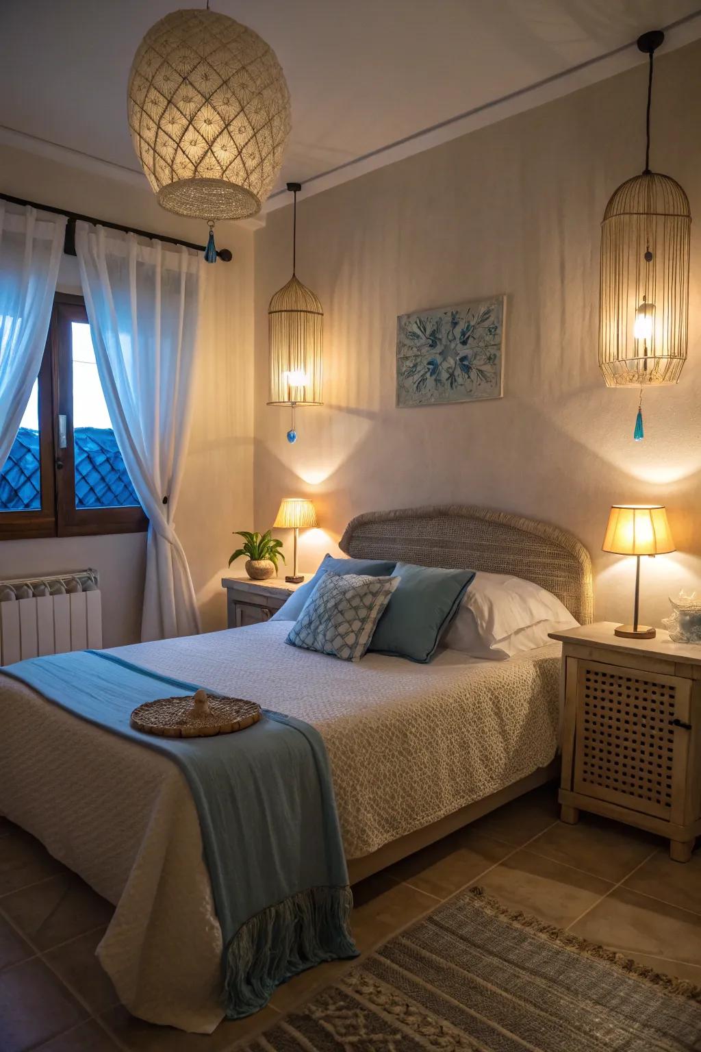 Delicate lighting in azure and sandstone enhances the room's comforting appeal.