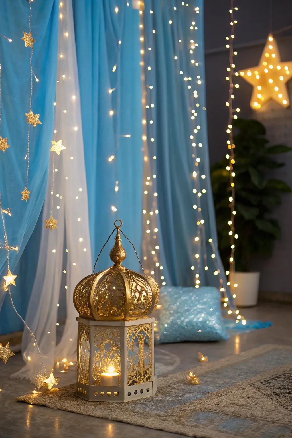 Enchant with fairy lights in your blue and gold setting.