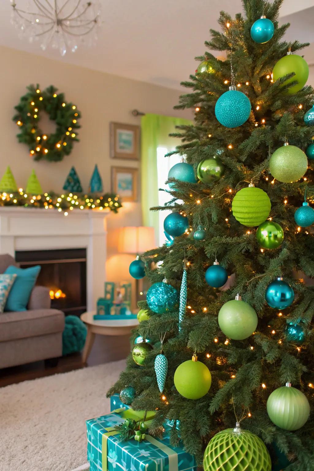 A vibrant cobalt and lime green tree that energizes your holiday decor.