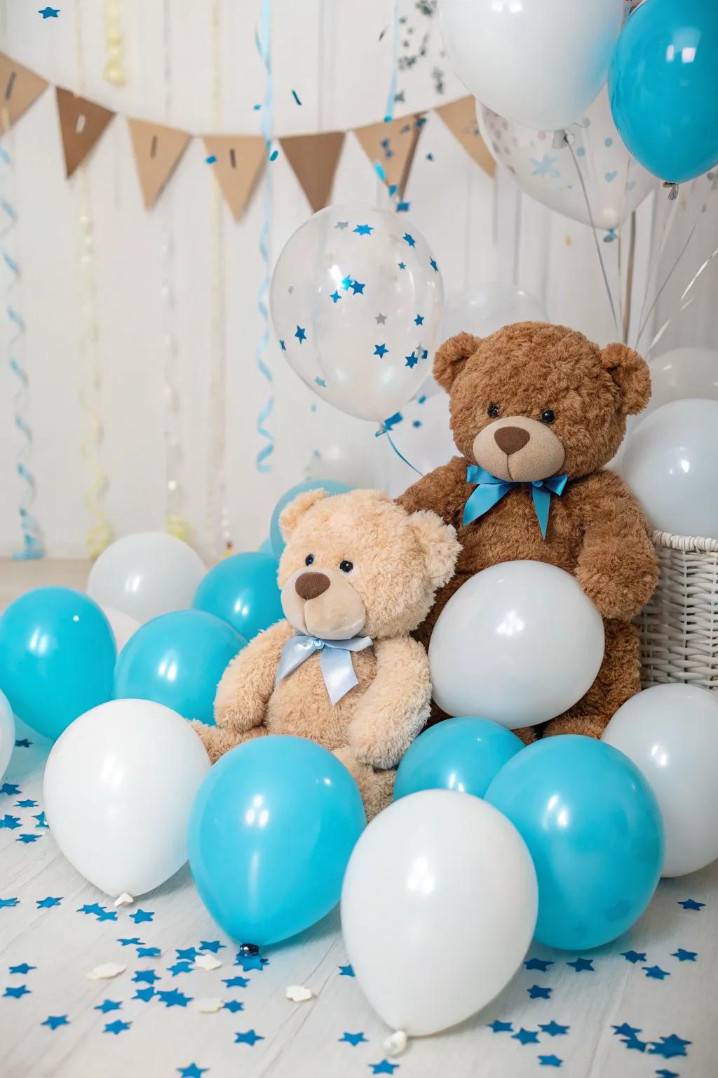 Add a playful touch with teddy bears among the balloons.