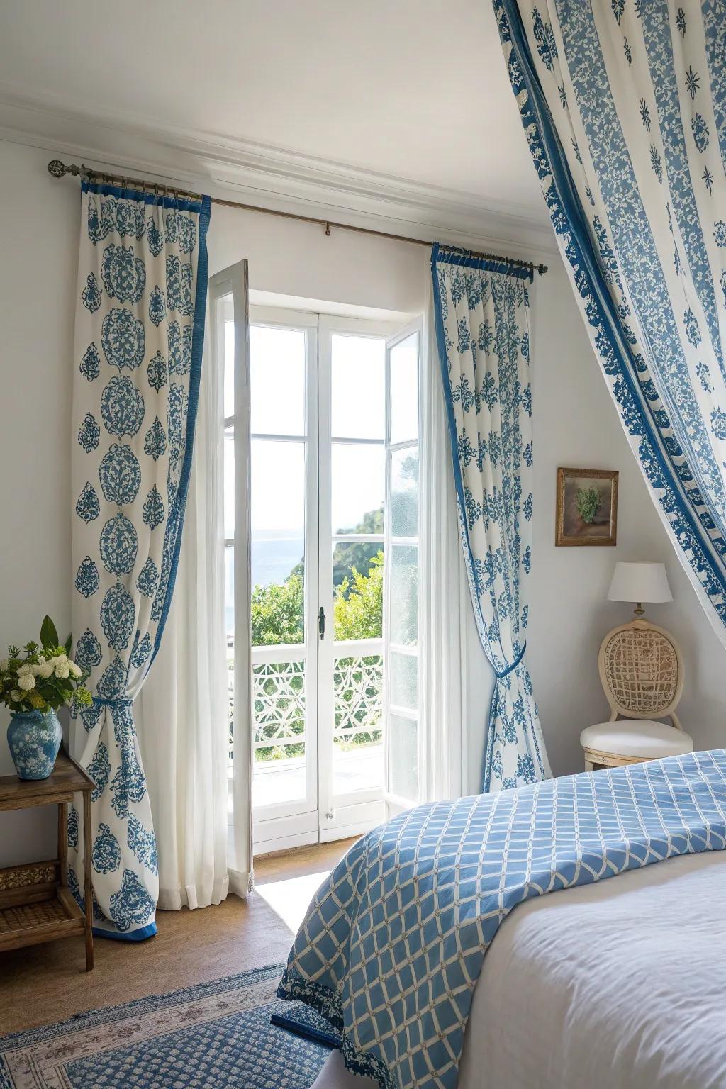 Patterned window coverings in blue and white add flair and purpose to the bedroom.