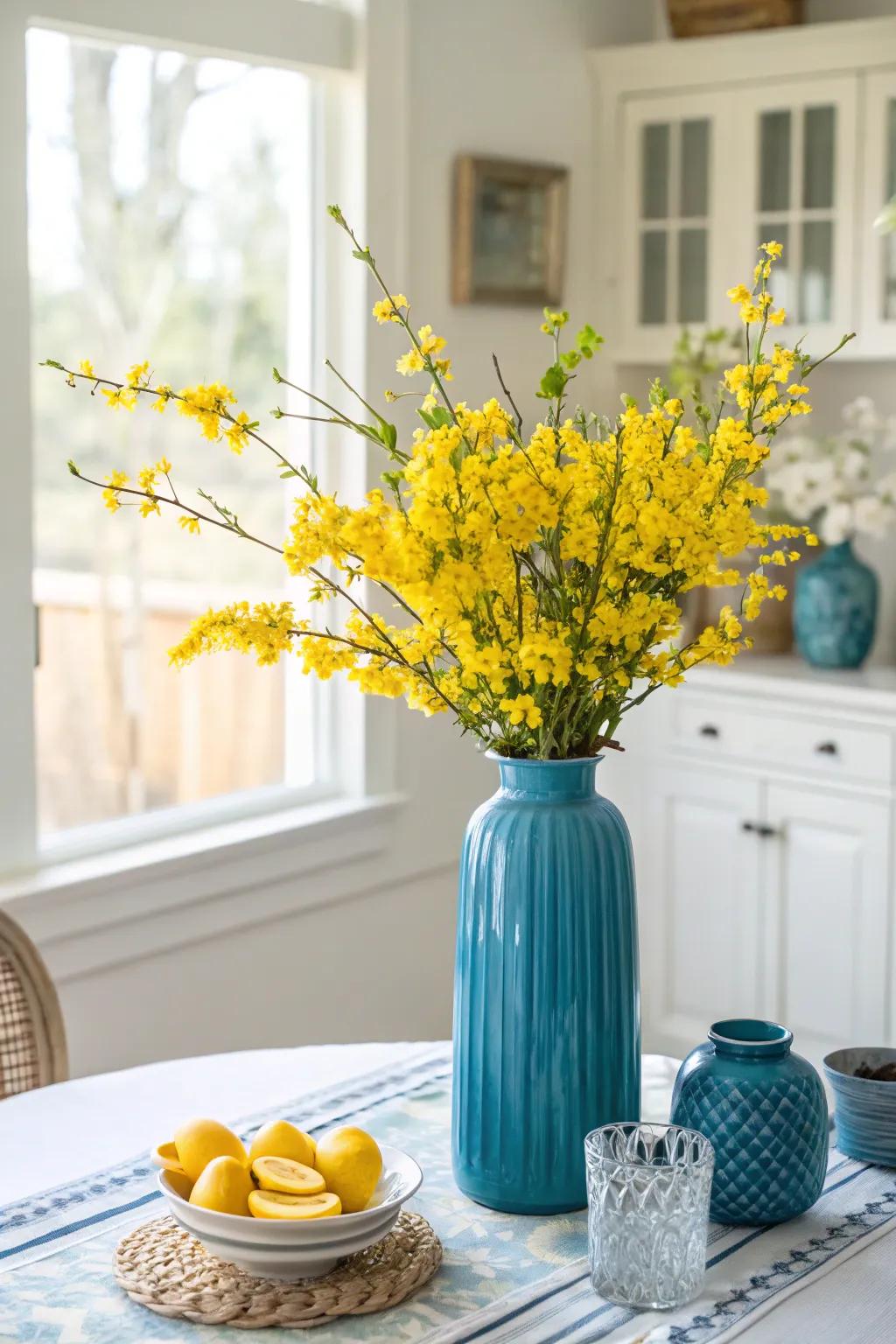 A blue vase filled with yellow blossoms, adding a touch of freshness to the room.