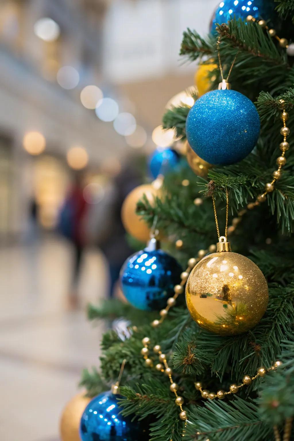 Azure and auric ornaments fashion a lavish holiday aesthetic.