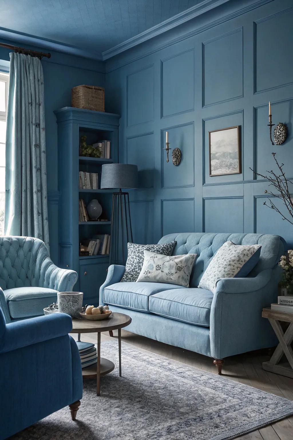 A unified single-color blue living room design.