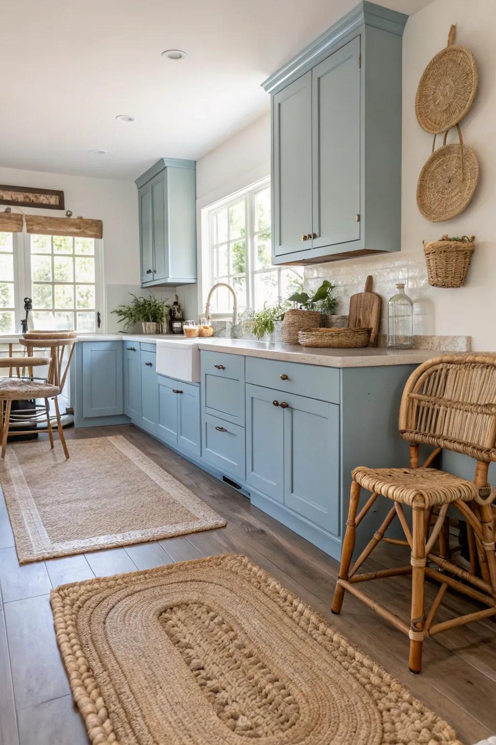 Seaside blue cabinets evoke a light and breezy seaside vibe in your kitchen.