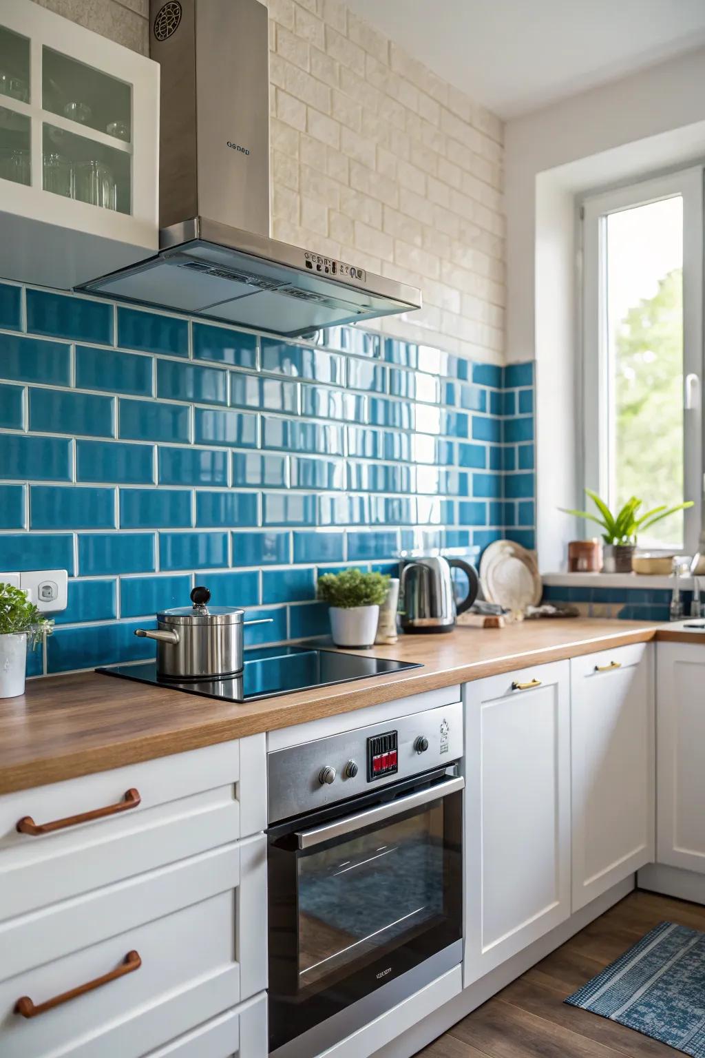A vibrant azure backsplash enriches this kitchen.