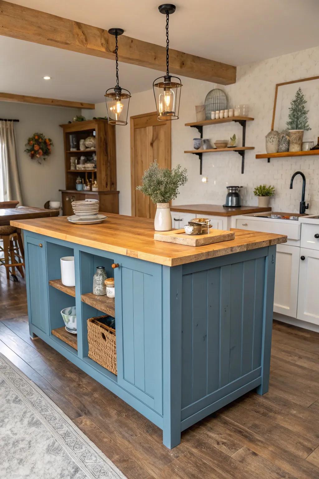 Wooden countertops enrich the blue island's inviting appearance.