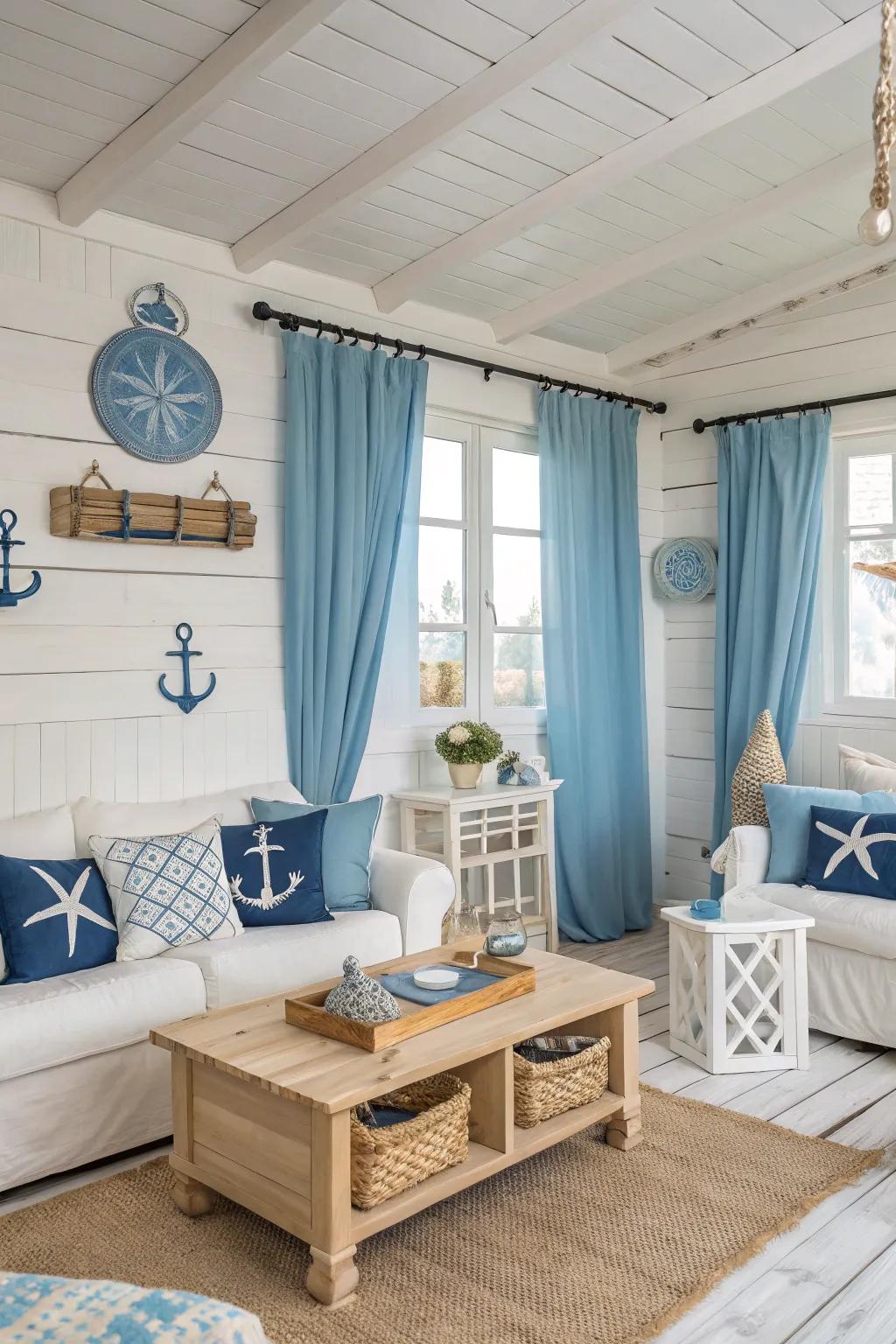 Blue and white create a refreshing seaside air in this inviting living room.
