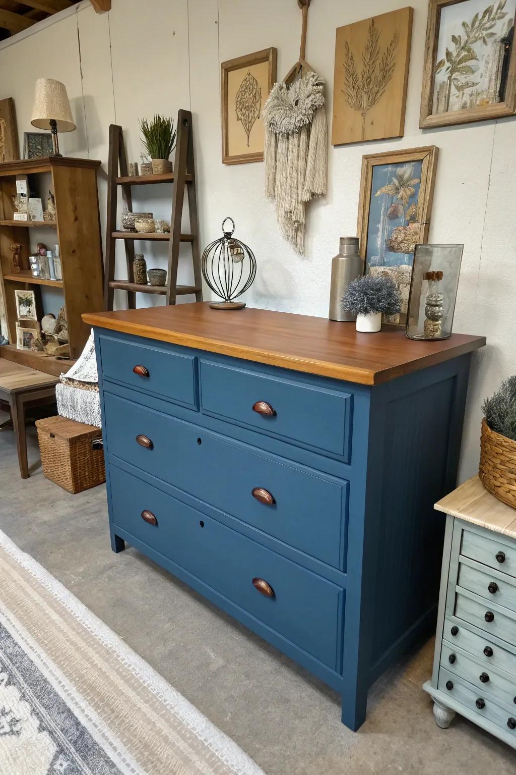 A two-tone blue and wood dresser providing a unique style detail.