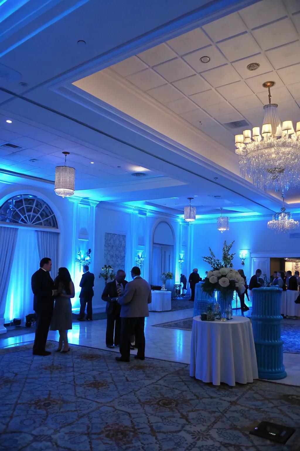 Azure lighting casting an ethereal and captivating radiance throughout the party space.