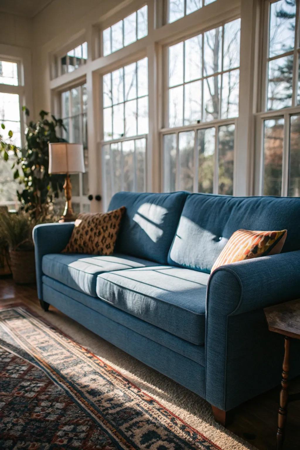 Natural light enhances the vibrancy of a cerulean couch.