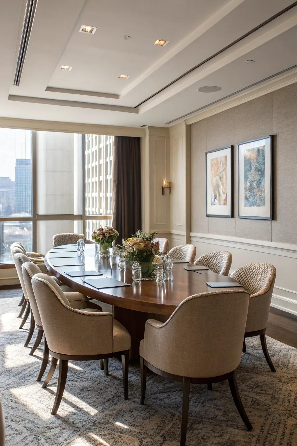 Rounded tables foster a welcoming and inclusive ambiance.