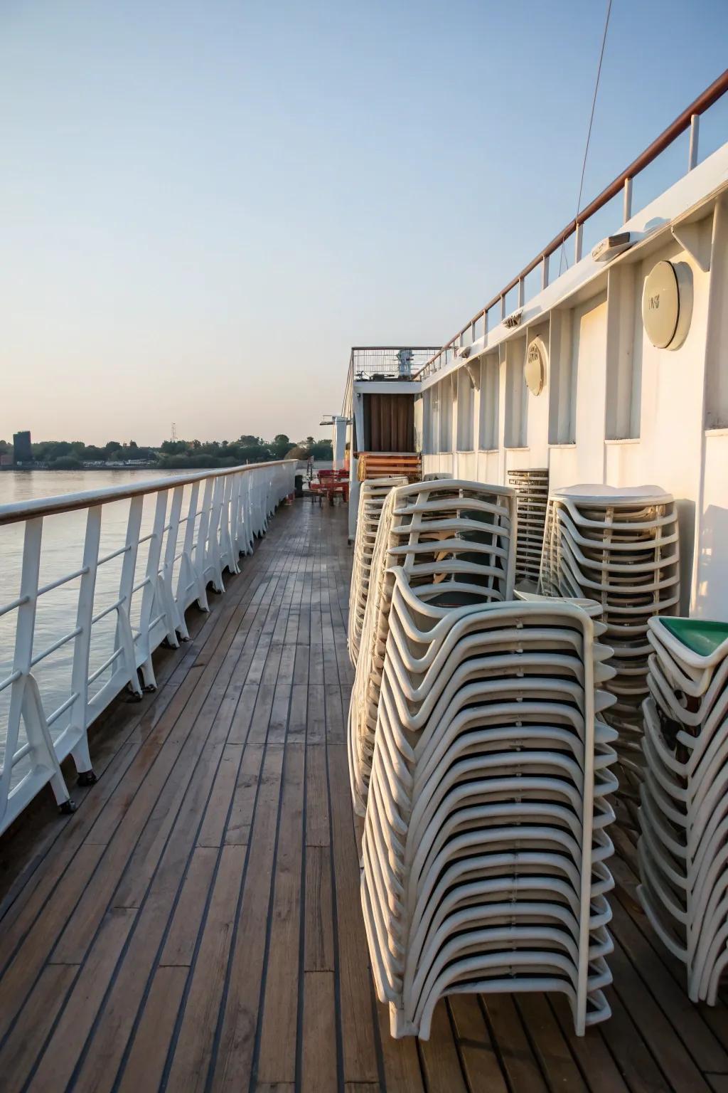 Stackable chairs stored neatly on a boat deck.