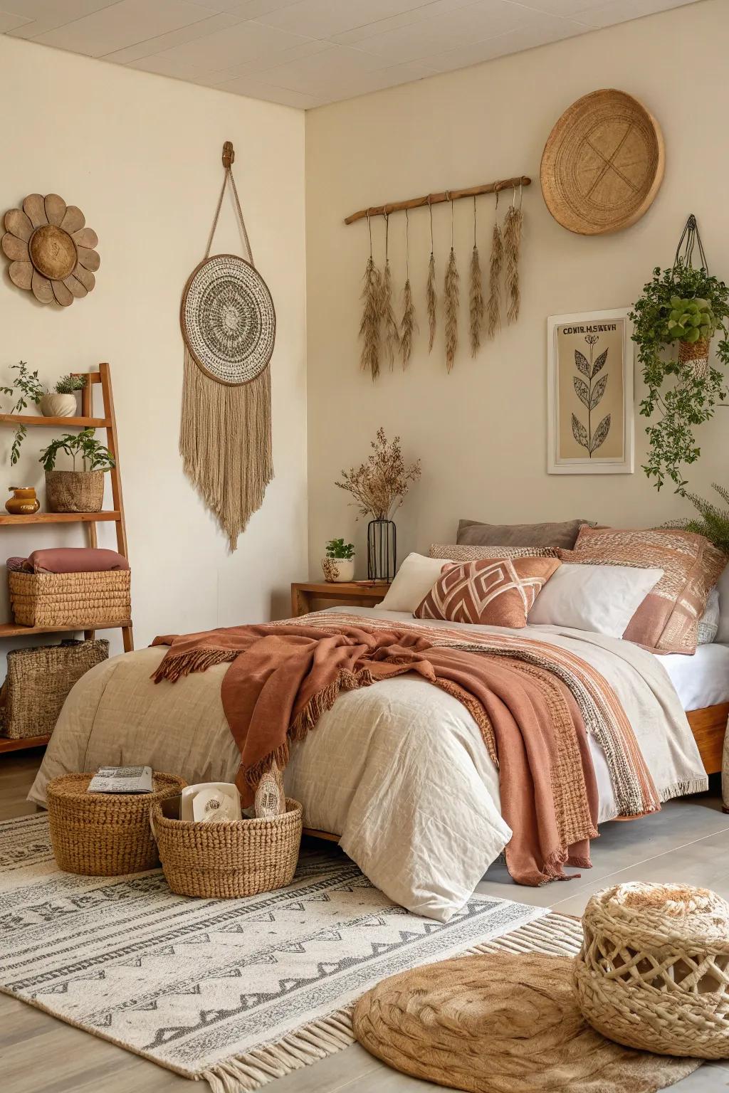 Neutral and nature-inspired colors create a calm setting in this boho bedroom.