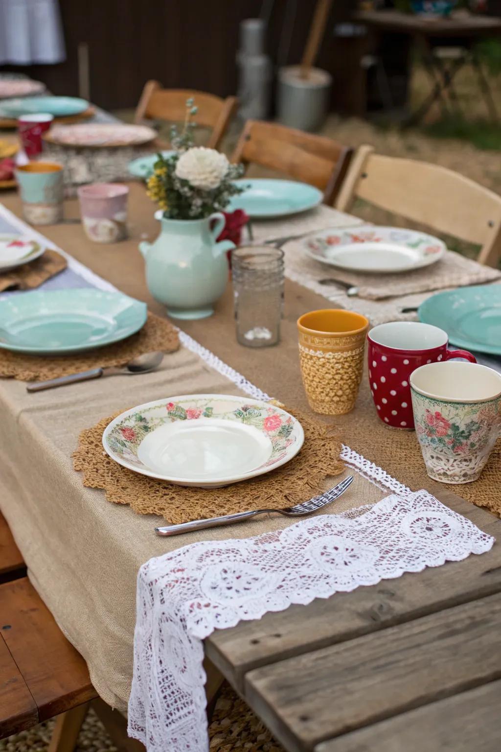 Eclectic table settings create an enchanting boho atmosphere.