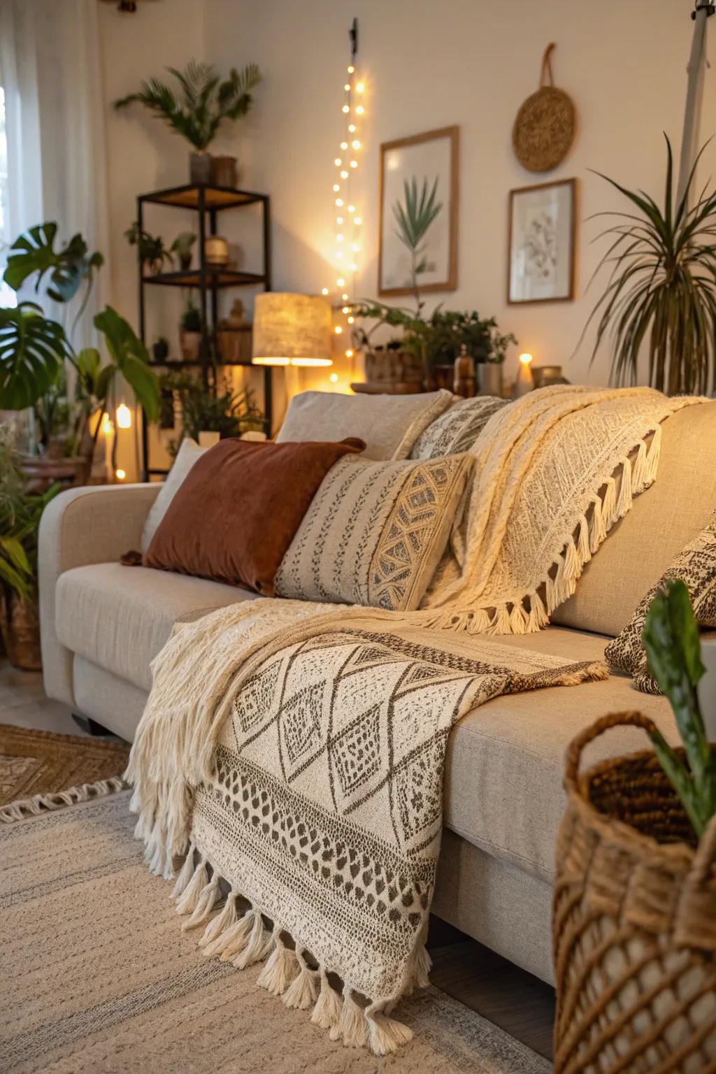 A cozy bohemian arrangement with rich layered fabrics.